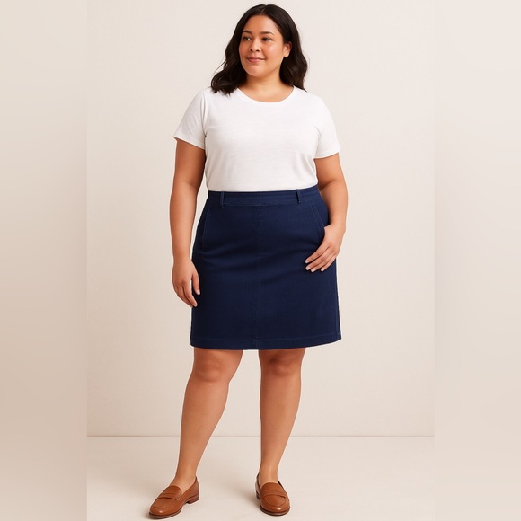 Talbots Dresses & Skirts - Talbots 14WP Navy Stretch Cotton Denim Skirt | Classic Fit Straight Knee Length